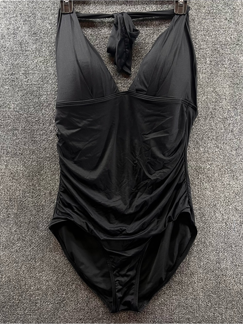 DKNY Black One Piece Swimsuit Size 14 Halter Tie Back Ruched V-Neck Swimwear